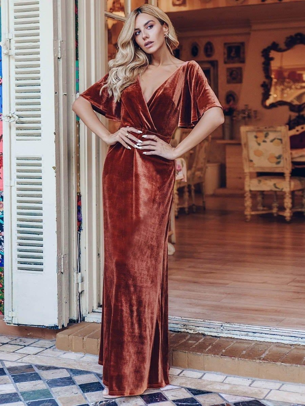 Ever Pretty Velvet Double V Neck Maxi Bridesmaid Dress - Size L